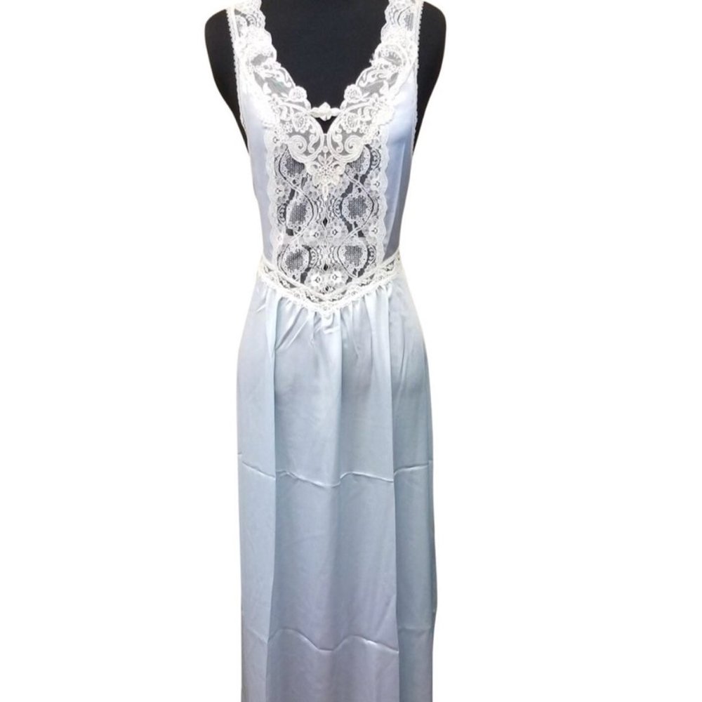 Donna Richards Vintage Nightgown Set Lace Satin Peignoir Set Powder Blue Sz L